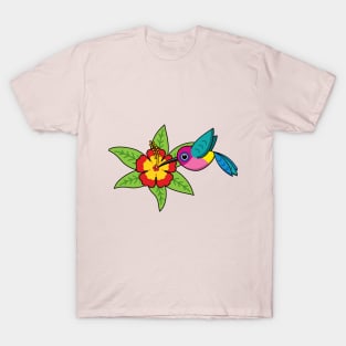 Colorful Hummingbird on Hibiscus Tropical Flower T-Shirt